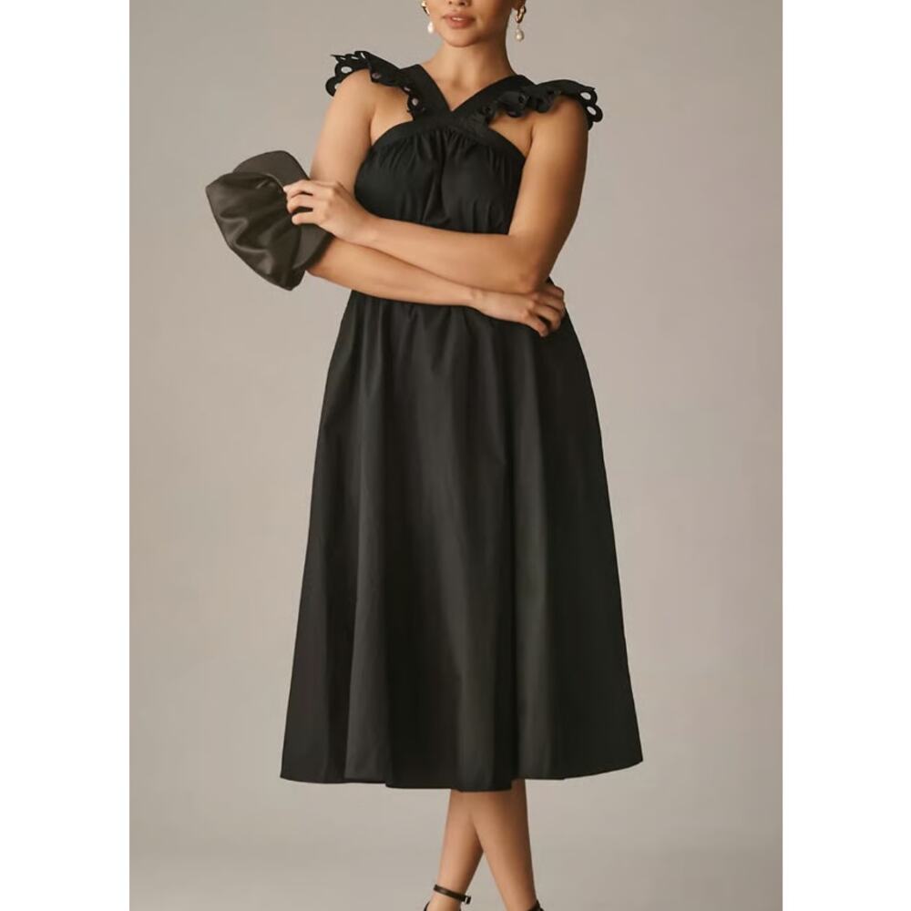 En Saison Crochet Flutter Sleeve Midi Dress Black Cotton Belted Sz S